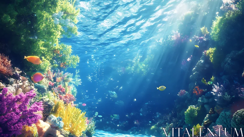 Digital painting of sunlit coral reef with chromatic fish life.