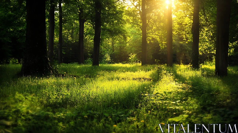Sunlit forest clearing with vibrant green grass in serene morning light.