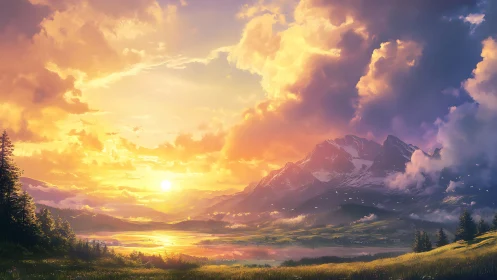 Vivid mountain valley sunset under dramatic golden clouds.