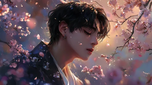 Digital painting portrait amid luminous cherry blossom drift.