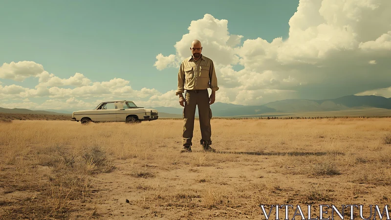 Bald man stands in empty desert with parked vintage car.
