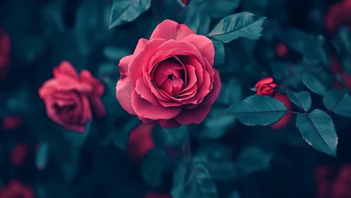 Pink roses with teal foliage background.