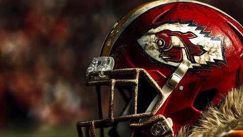 Close-up of worn red American football helmet on field.