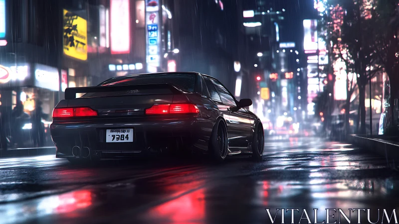 Midnight street racer gliding through neon city rain.