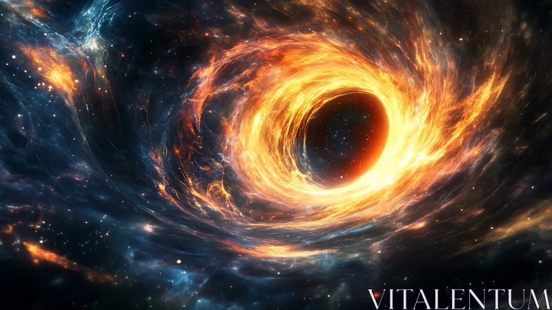 Energetic black hole accretion disk rendered in digital cosmic art