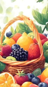 Vibrant fruit basket illustration with summer citrus focus.