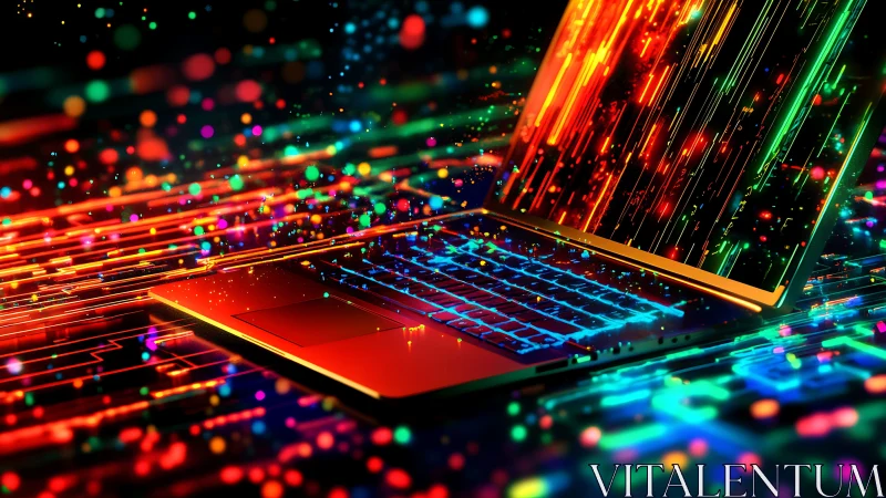 Neon-lit laptop channels streaming data in kinetic spectrum.