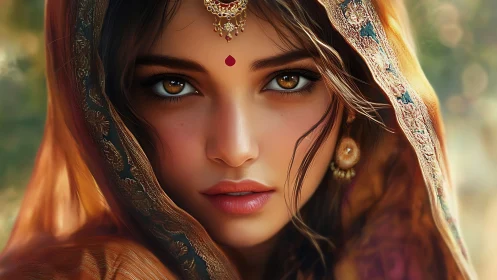 Gilded gaze of a veiled beauty in sunlit autumn hues.