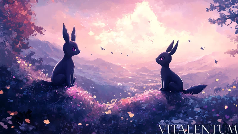 Twin shadow rabbits gaze across a luminous twilight valley