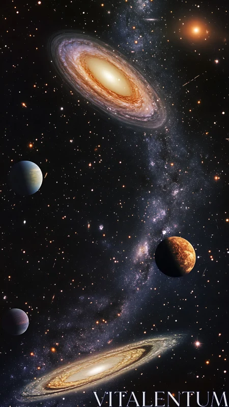 Spiral galaxies and planets in dense starfield composition.