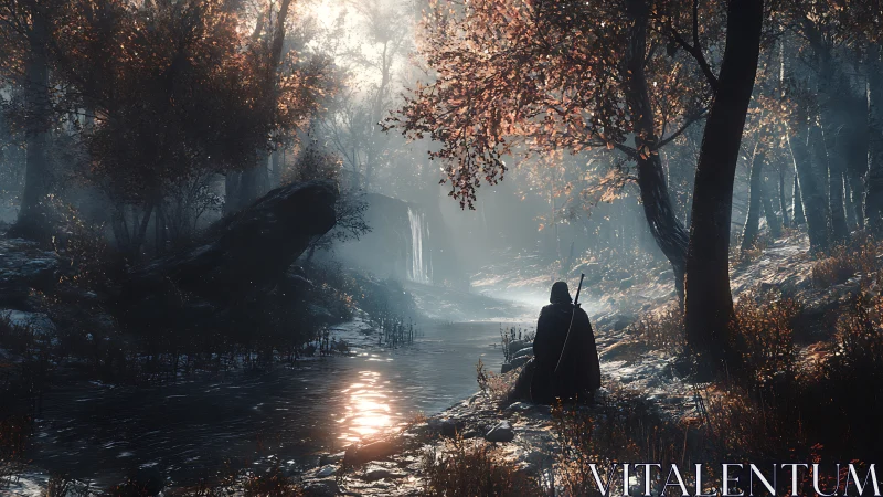 Wanderer resting by a misty forest river at first light.