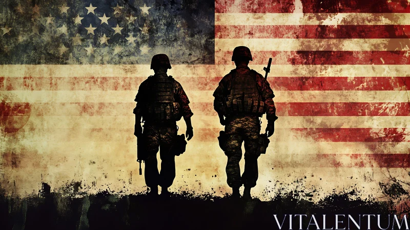 Two soldiers stand silhouetted against a worn US flag backdrop