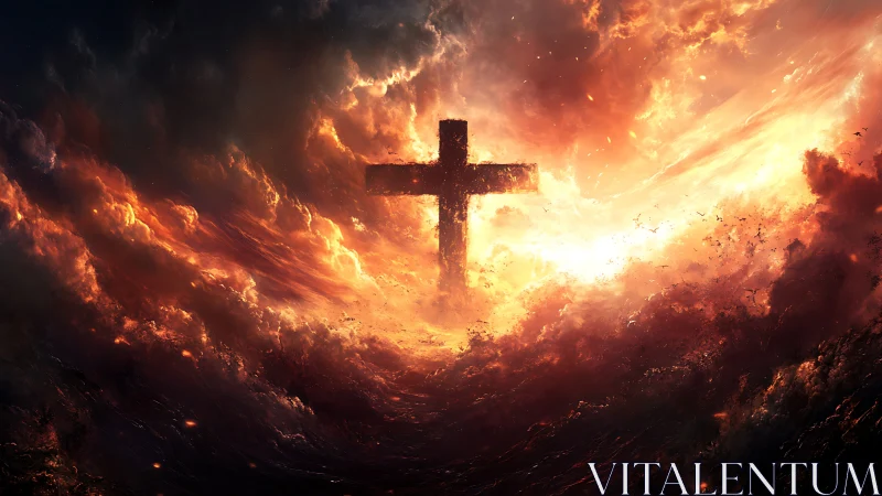 Storm of fire parts around a glowing cross in the sky