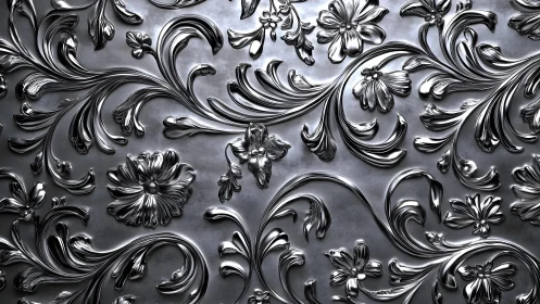 Ornate Metallic Floral Pattern in Baroque Style on Silver Surface.