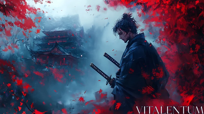Solitary ronin with dual katanas amid crimson maple leaves.