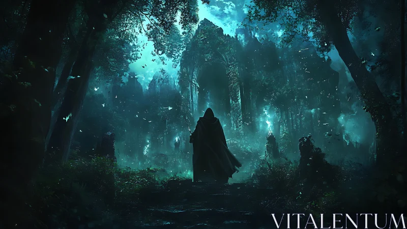 Cloaked wanderer enters glowing ruins in haunted forest.