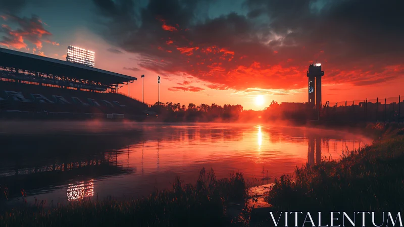 Stadium floodlights quietly duel with a blazing misty sunset