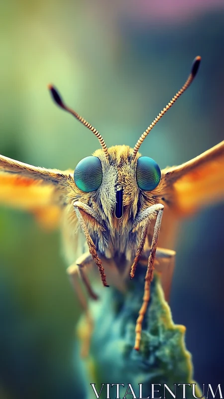 Macro frontal view of butterfly with iridescent compound eyes