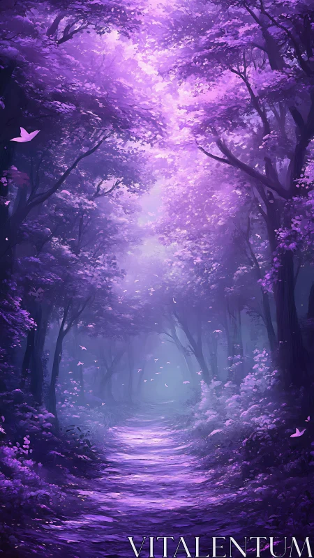 Luminescent Forest Corridor with Ethereal Purple Atmospheric Perspective and Particle Effects