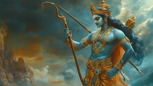 Blue-skinned archer figure stands with bow against cloudy sky