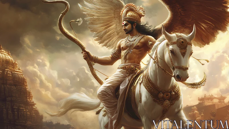 Winged warrior prince riding a radiant celestial steed.