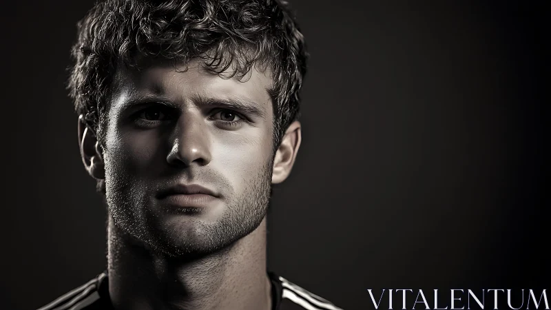Brooding athletic portrait carved in chiaroscuro light.