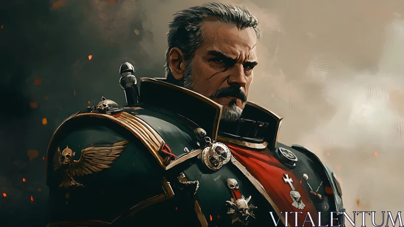 Stoic space commander in ornate battle armor stands firm.