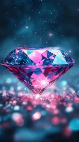 Luminous pink and blue diamond glowing in a dreamy night sky.