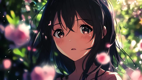 Softly lit anime girl surrounded by dreamy garden petals.