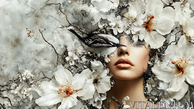Floral surreal portrait integrates avian form with fragmented petals