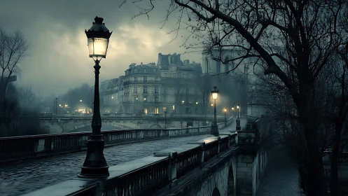 Foggy riverside bridge shows lit streetlamps and old buildings