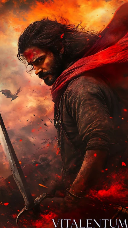 Warrior in red scarf amid fire and ash battlefield scene.