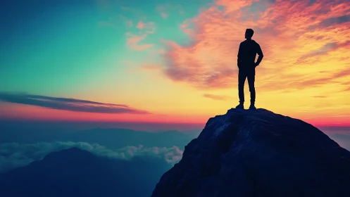 Silhouetted climber stands on rocky summit against high-saturation sunset
