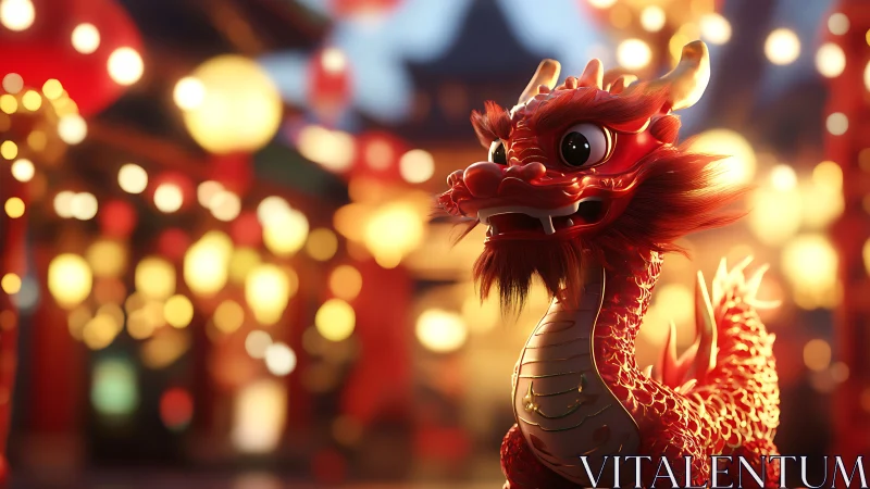 Playful red dragon glows amid festive lantern lights at night