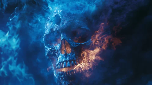 Human skull rendered in blue and orange flame gradients.