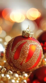 Red glass ornament with gold glitter pattern on beads.