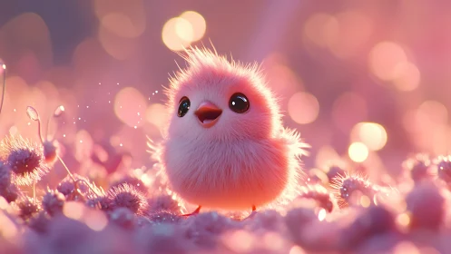 Fluffy Pink Creature in Dreamy Floral Glow
