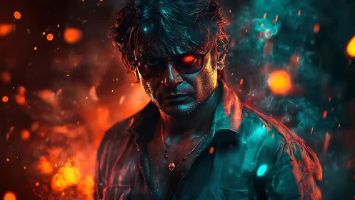 Cinematic neon-lit antihero portrait in dual-color flame field.