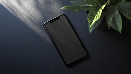 Smartphone with dark screen on textured surface next to green plant foliage