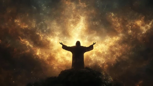 Cosmic prophet crowned in starfire at the universe’s dawn.