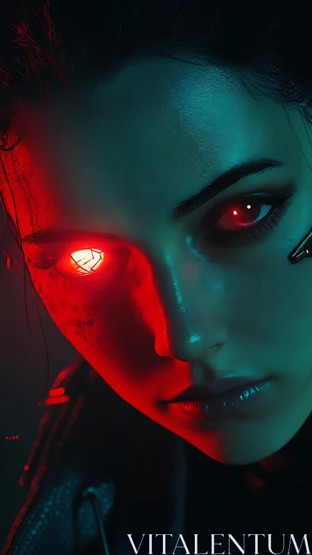 Mysterious cyberpunk heroine with a glowing crimson gaze.