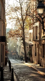 Sunlit cobblestone street welcomes a quiet autumn stroll
