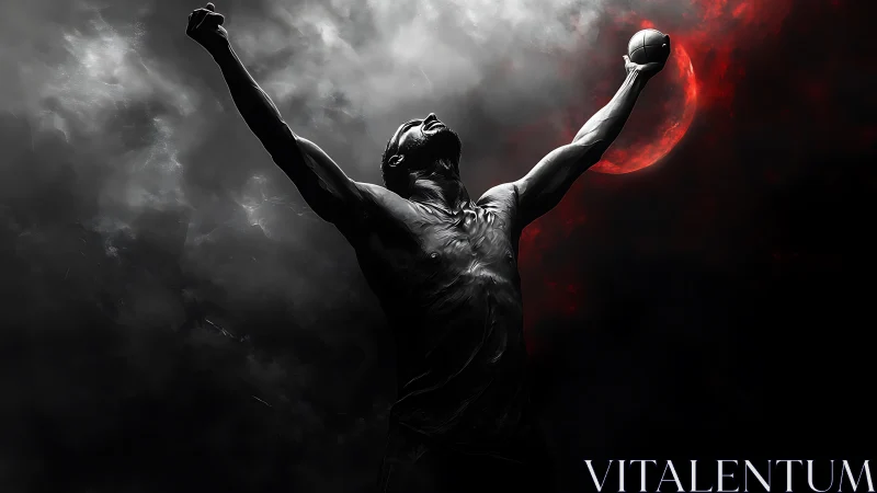 Silhouetted male figure raises arms against red lunar backdrop