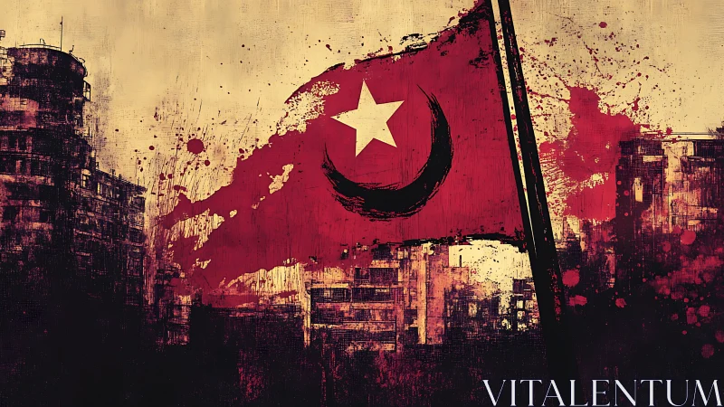 Grunge urban skyline with distressed red flag emblematic symbol.