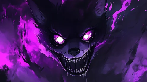 Demonic wolf portrait radiates neon violet spectral energy