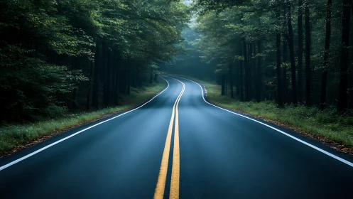 Curving forest highway rendered with deep atmospheric perspective