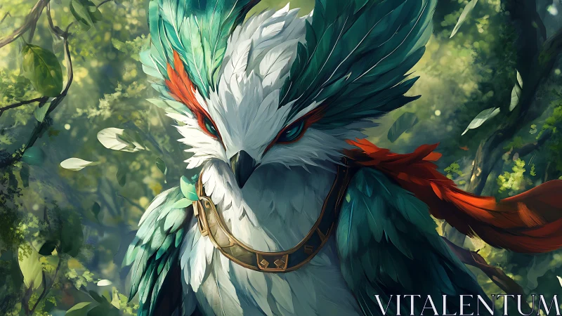 Majestic Fantasy Bird Portrait in Lush Forest, Digital Art Style.