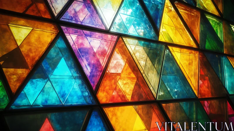 Prismatic stained glass triangles cast vivid geometric light