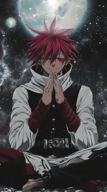 Red-haired space monk meditates beneath luminous full moon