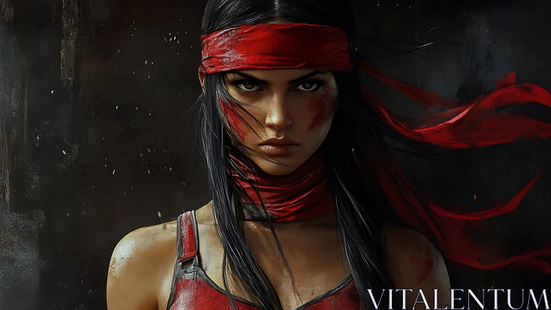 Digital portrait shows woman with red headband and neutral gaze